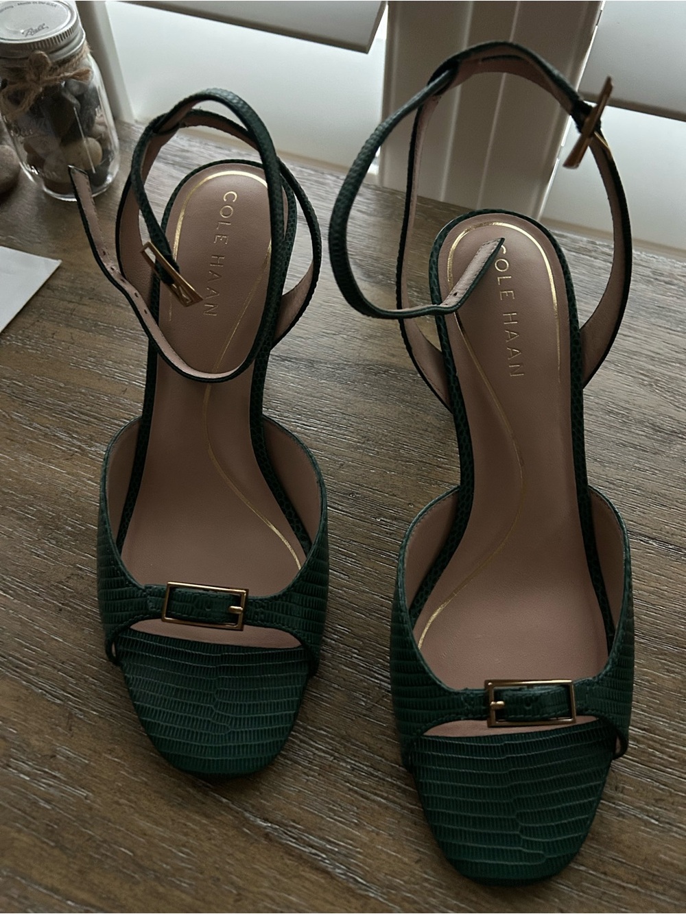 Cole Haan Dark Green Textured Ankle-Strap Heels